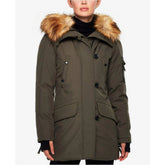 Olivgrüner Winterparka aus Baumwolle für Damen mit Sherpa-Futter und Pelzbesatz in der Kapuze